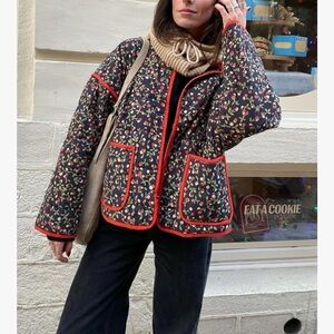 Quilted Floral Boxy Jacket with Red Trim